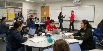 Diverse students learning in a modern classroom, symbolizing federal education budget impact.