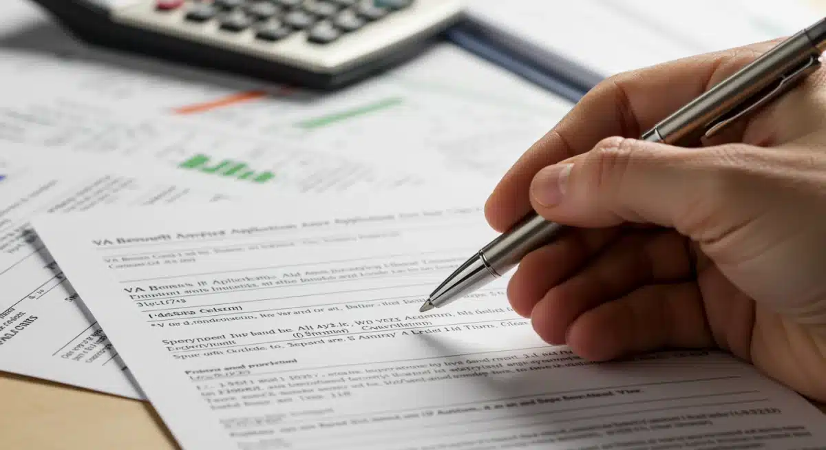 Hand filling out Veterans Aid and Attendance application form