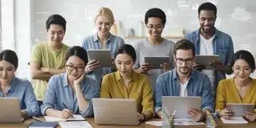 Adults engaged in online learning on laptops and tablets