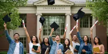 Students celebrating graduation with caps in the air on a college campus