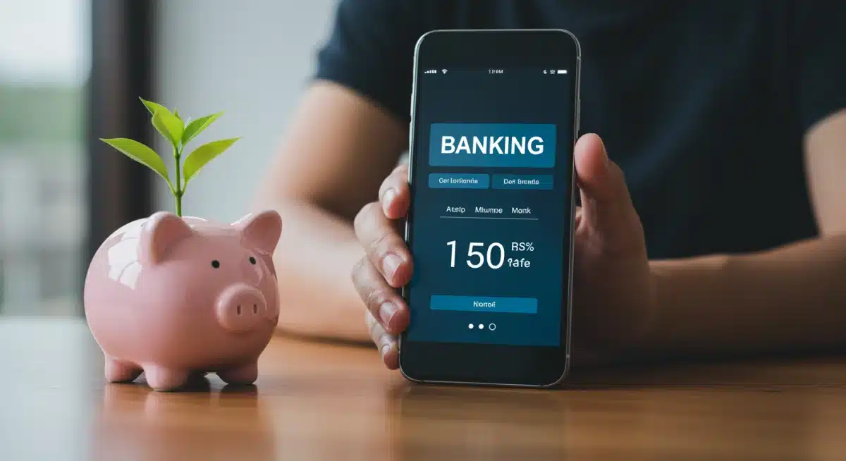 Person checking high-yield savings account balance on a smartphone, with a piggy bank nearby, representing digital money management.