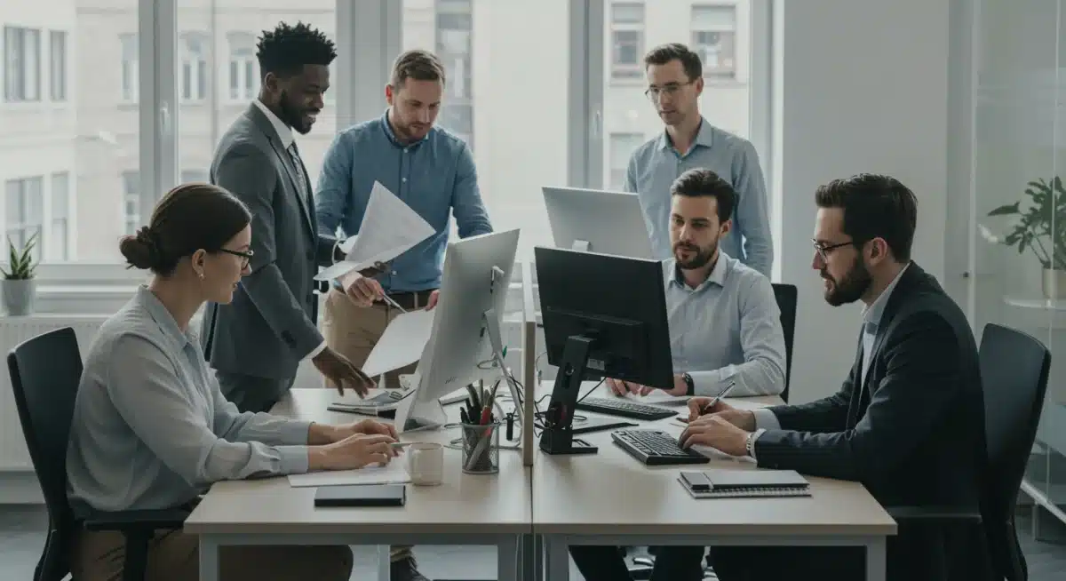 Diverse professionals collaborating in a modern office, representing a robust and engaged workforce in a strong economy.