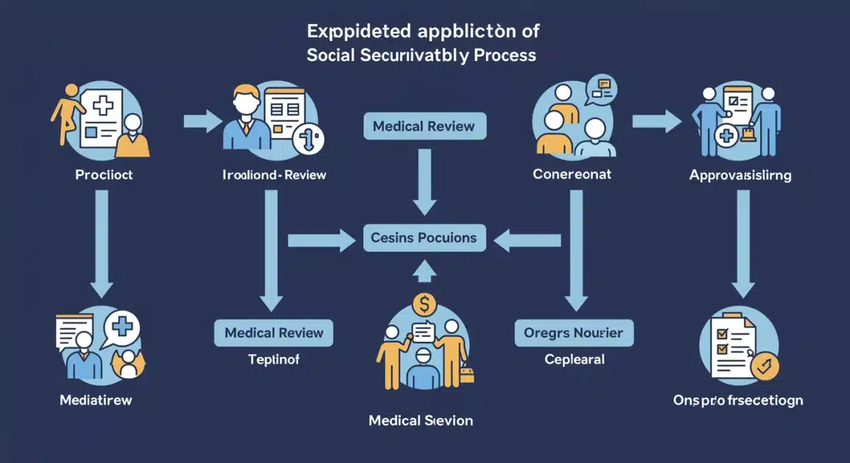 Simplified flow chart illustrating the expedited Social Security Disability application process, showing faster review and approval steps.