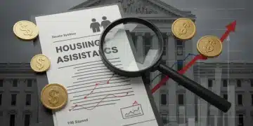 Magnifying glass over housing assistance document with rising fraud chart