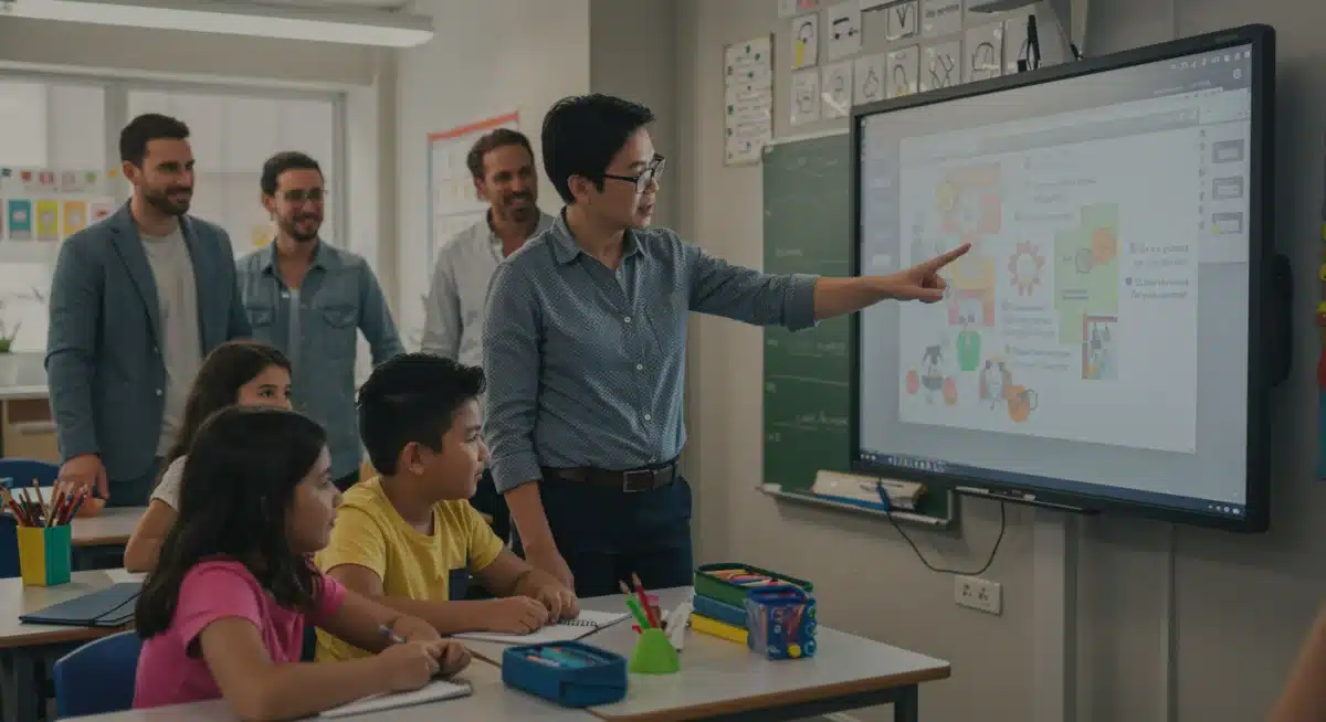 Teacher interacting with students, parents observing in a modern classroom