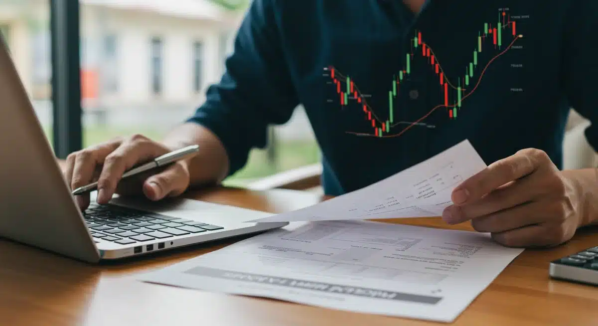 Person reviewing financial documents on laptop, analyzing interest rates.