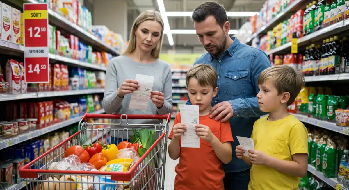 Family concerned about rising grocery prices due to inflation, impacting their consumer spending.