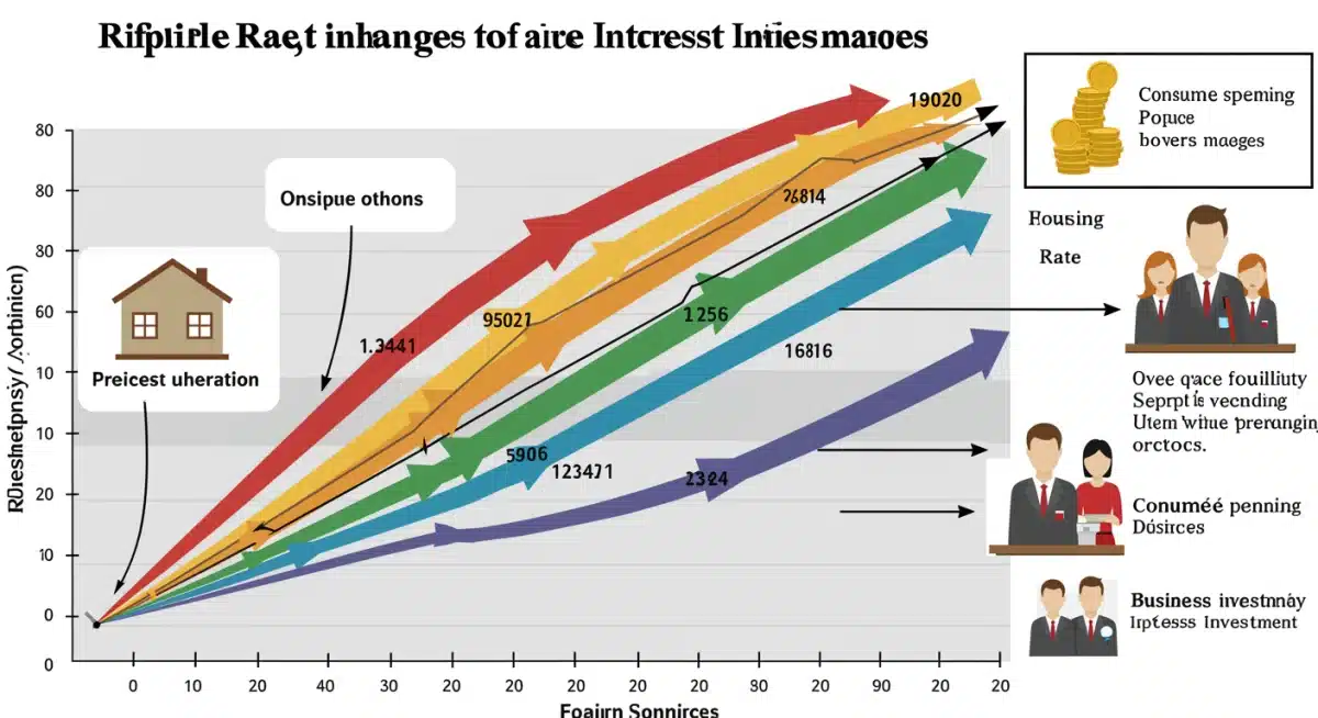 Infographic showing ripple effects of interest rate changes on housing, loans, consumer spending, and business investments.