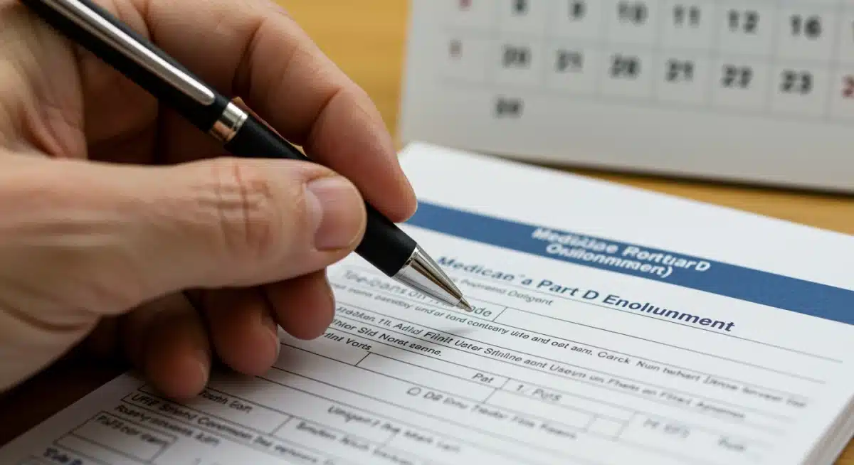 Hand filling out 2025 Medicare Part D enrollment form