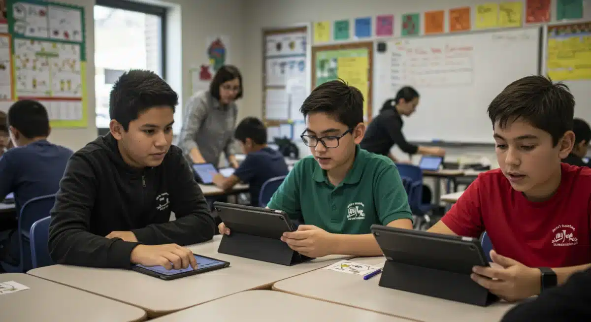 K-12 students actively engaged in a digital coding project on tablets and laptops, fostering computational thinking.