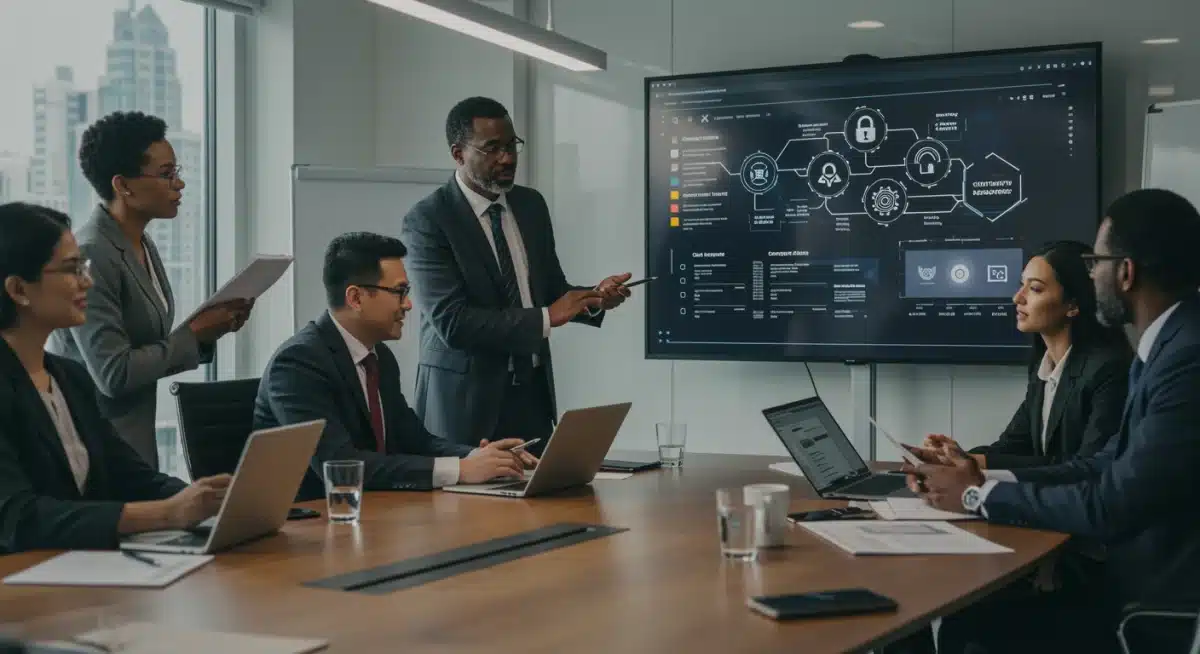 Business team discussing cybersecurity compliance and new federal regulations