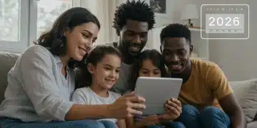 Family smiling, looking at a tablet, representing Child Tax Credit 2026 benefits
