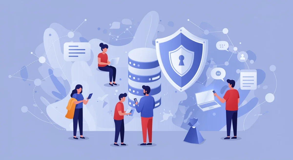 People with digital devices protected by an abstract data privacy shield