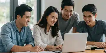 Family reviewing education tax credit documents on a laptop
