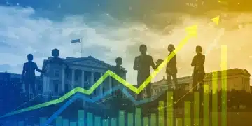 Upward trend lines and government buildings symbolizing strong federal job growth in October 2025