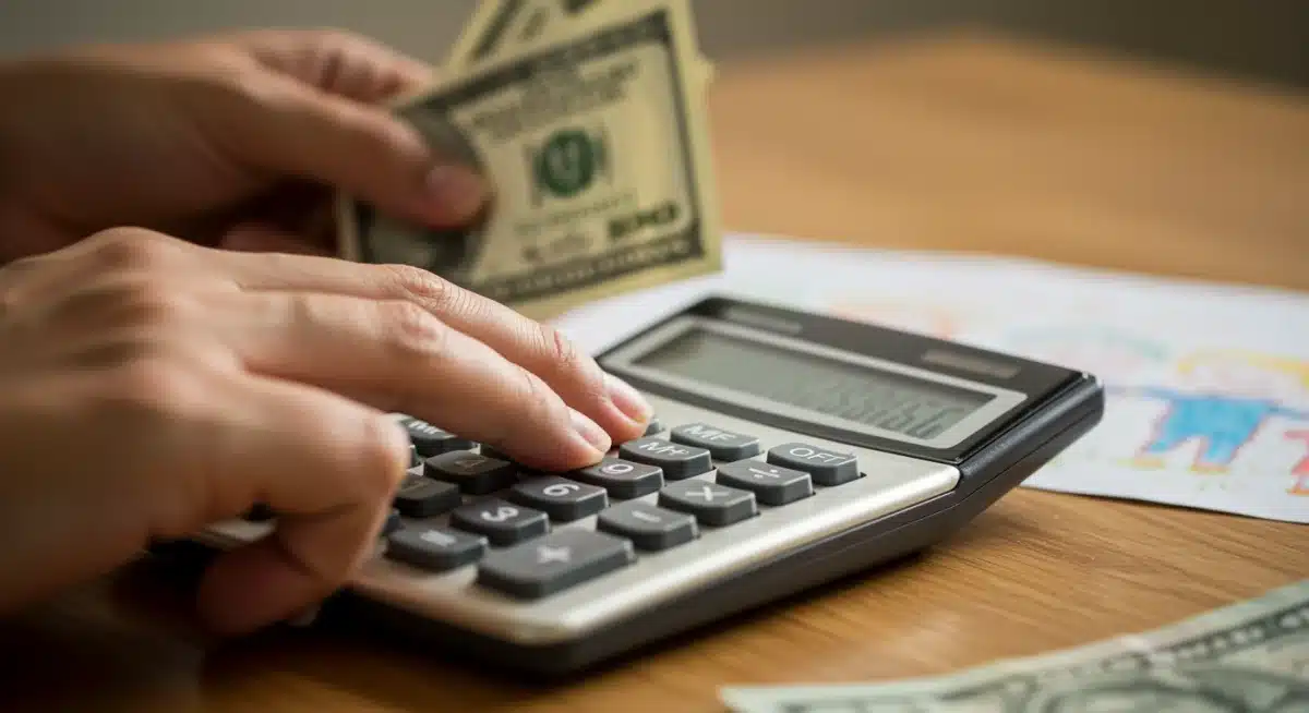 Hand calculating finances with child's drawing, symbolizing family financial planning