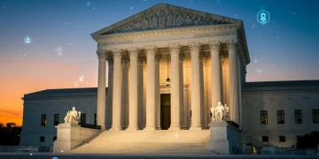 Supreme Court building with digital privacy overlay, symbolizing data protection laws