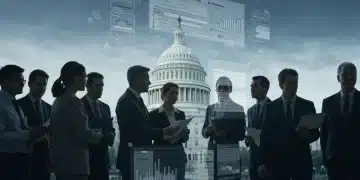 Professionals and individuals reviewing tax documents with Capitol building in background