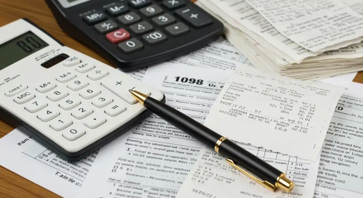 Tax form 1098-T with calculator and receipts for education expenses