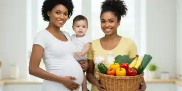 Family with WIC-eligible foods, smiling and healthy