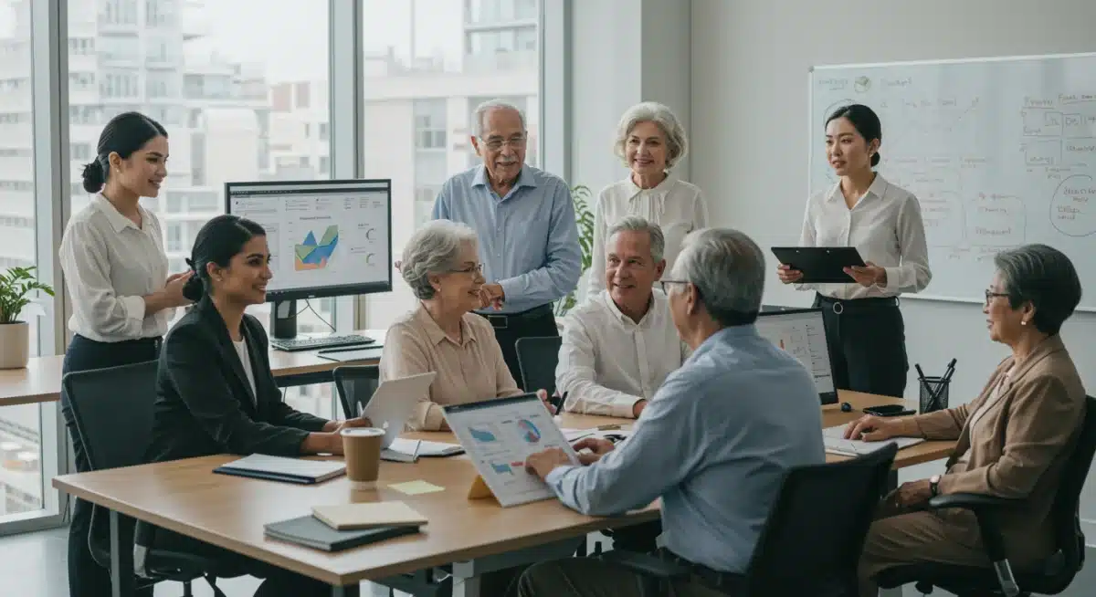 Financial advisor explaining retirement strategies to clients in an office setting