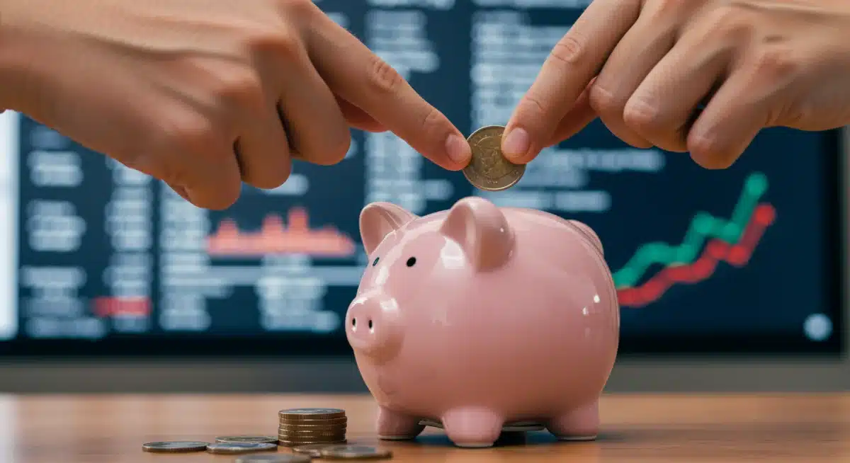 Hands placing coins into a piggy bank with financial news in background.
