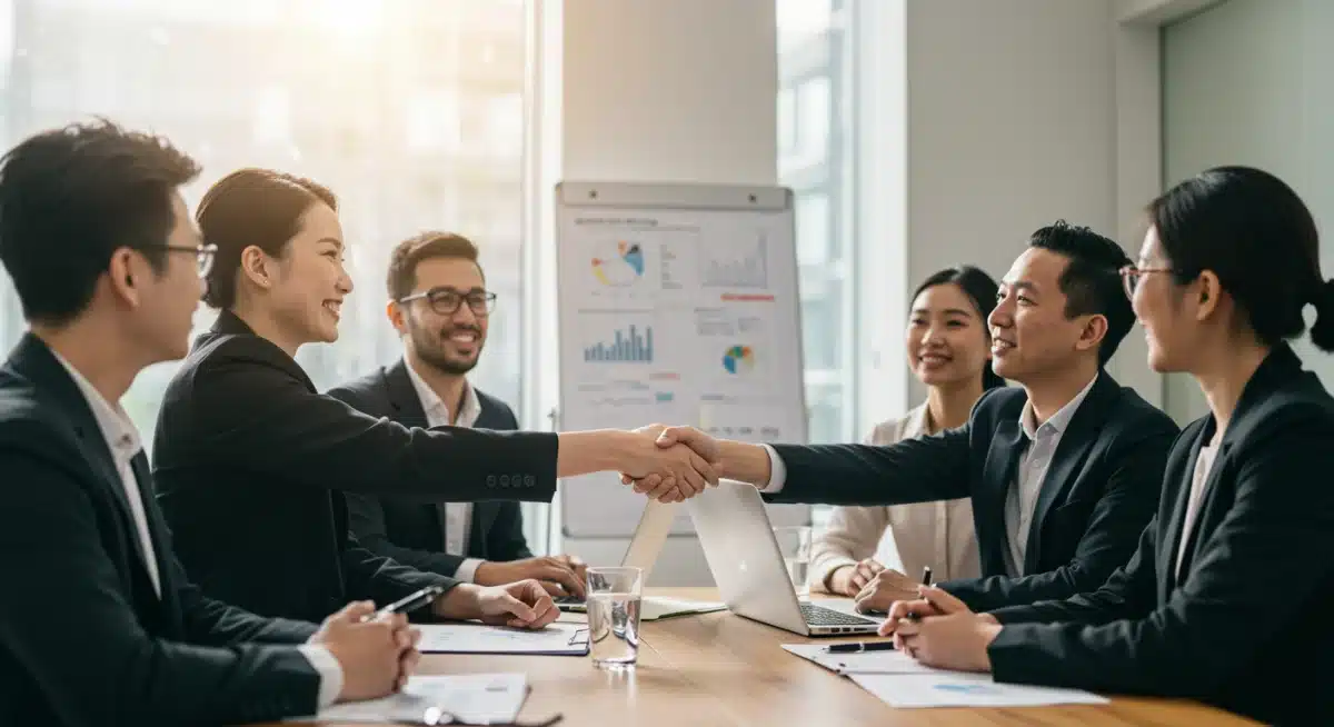 International business professionals shaking hands, symbolizing successful trade partnerships.