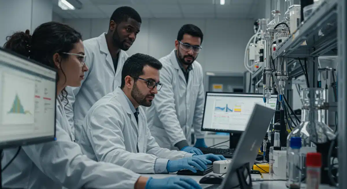 Scientists analyzing data on emission control technologies in a lab