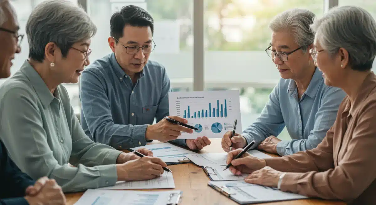 Seniors discussing financial planning with an advisor, focusing on healthcare costs and retirement.