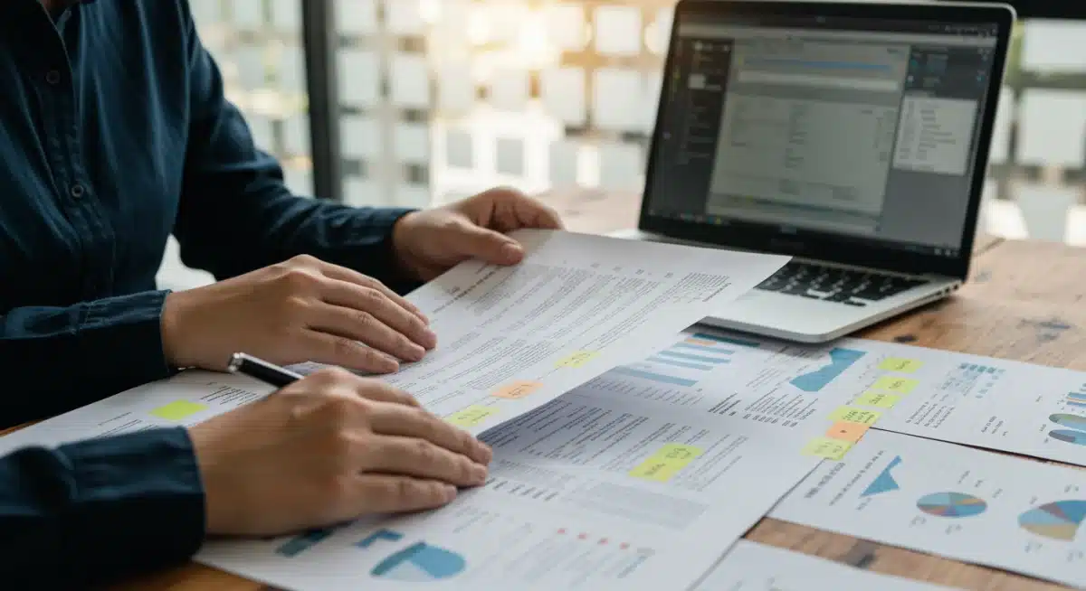 Person analyzing tax deductions on a complex document.