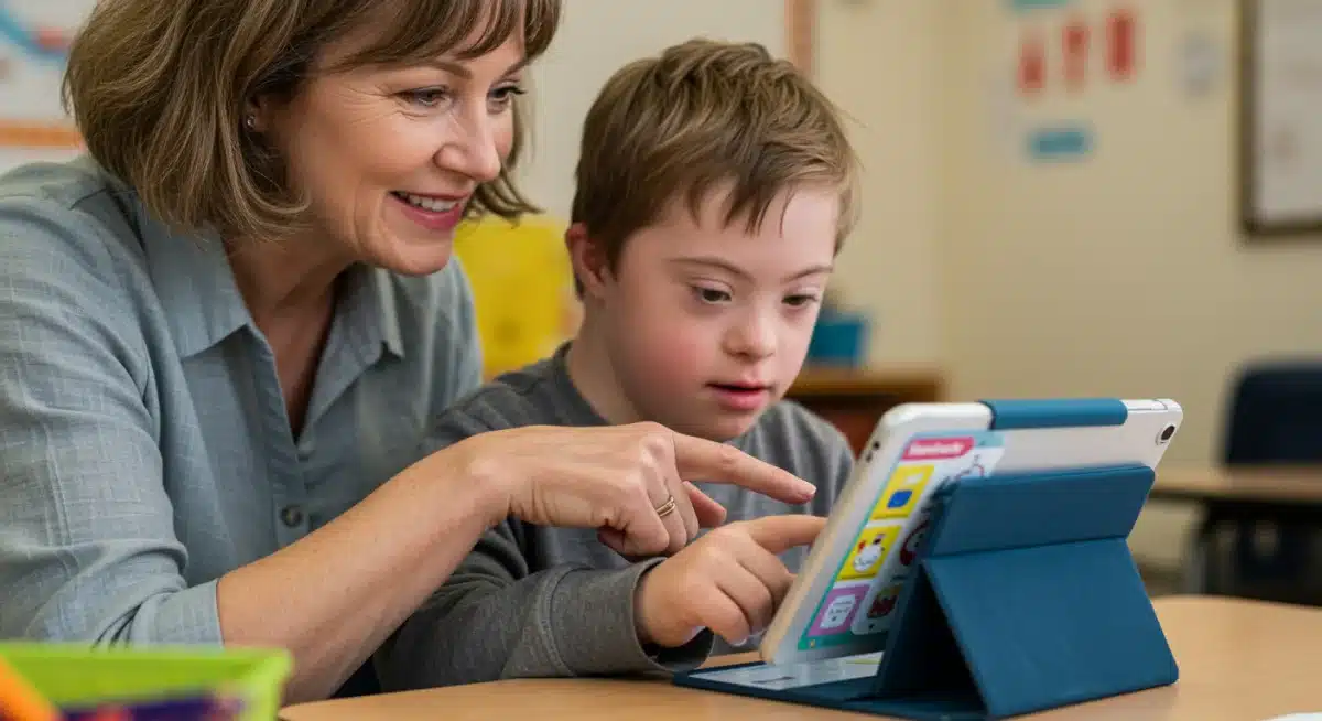 Teacher assisting student with tablet and assistive technology