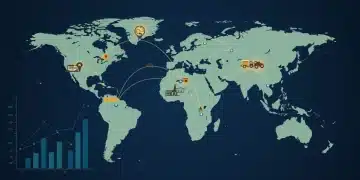 Global trade map showing strong US-Asia Pacific connections and economic growth symbols.