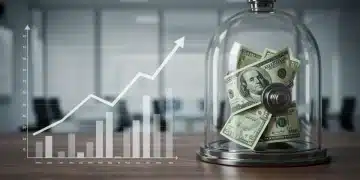 Financial charts showing inflation and US dollar bills protected under a glass dome.