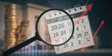 Financial charts and a magnifying glass over 2026 calendar, symbolizing future interest rate hikes and investment planning.