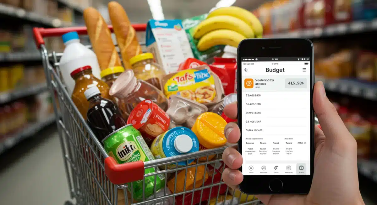 Groceries in a shopping cart with prices, representing stable consumer costs.