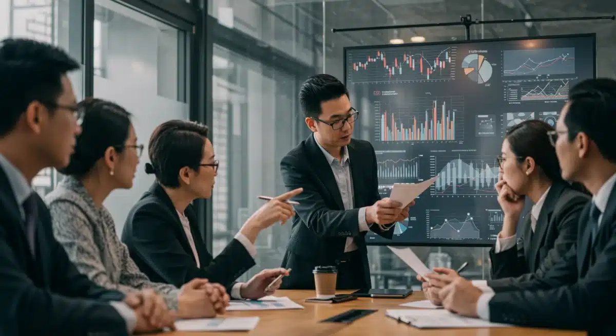 Investors consulting with a financial advisor, discussing economic data and future projections for informed decisions.