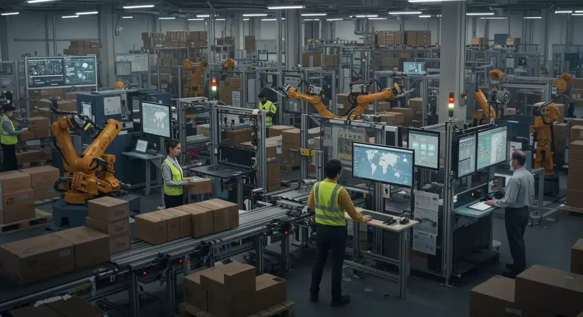 Modern factory floor with robotics and global supply chain logistics