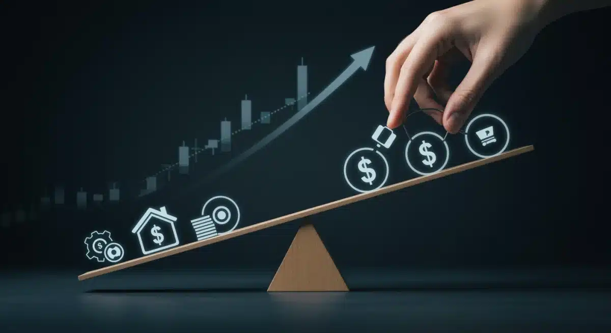 Diversified portfolio on a seesaw, with a hand adjusting weights to show rebalancing strategies.