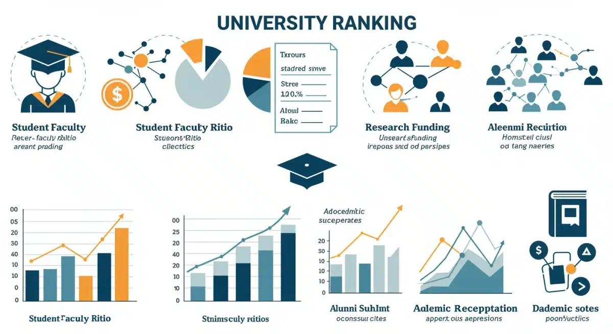 Infographic detailing university ranking metrics like student-faculty ratio and research funding