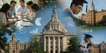 Diverse students studying in front of historic university buildings with data overlays