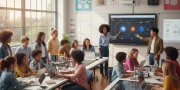 Students and teachers celebrating new education funding in a modern classroom setting.