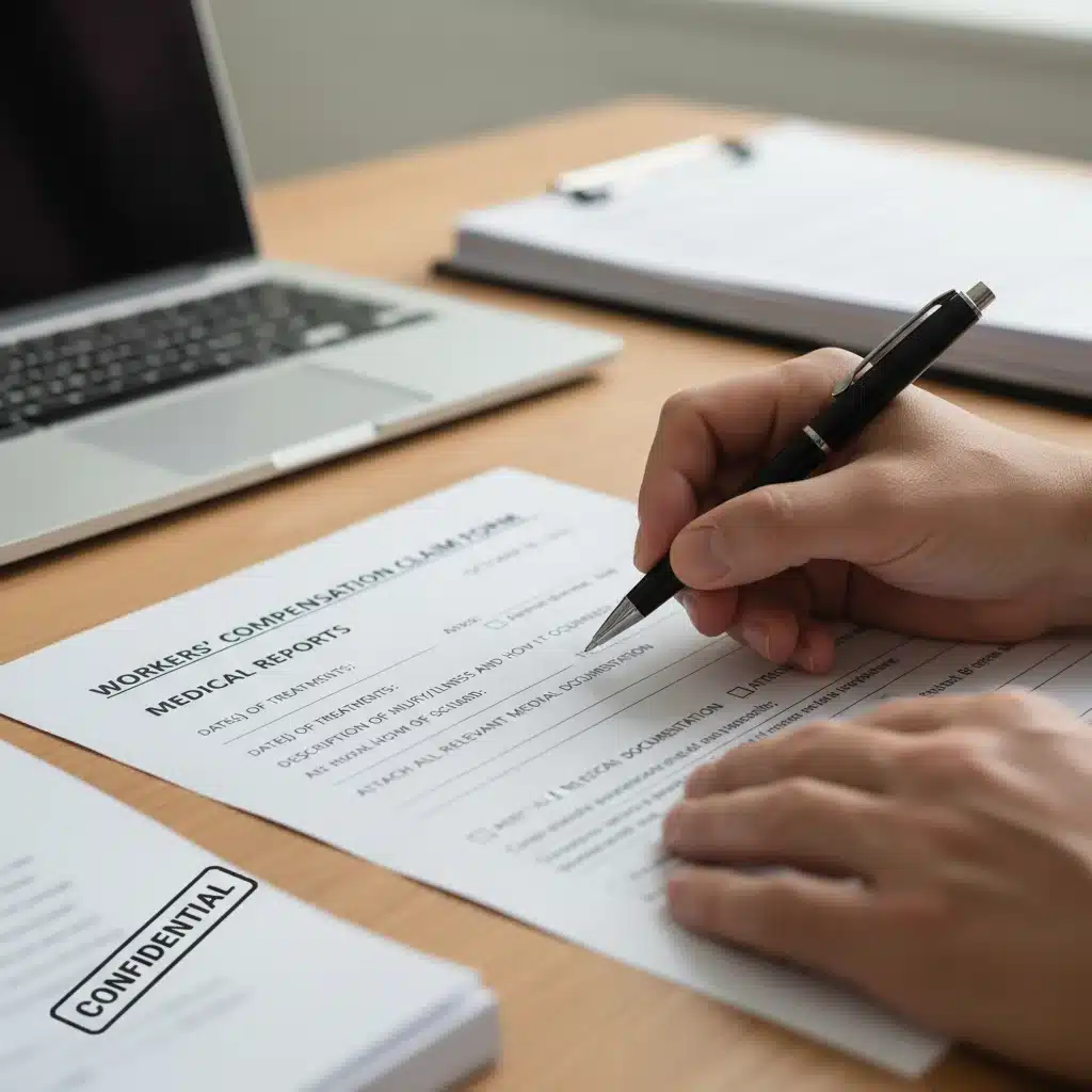 Detailed view of filling out a workers' compensation claim form.