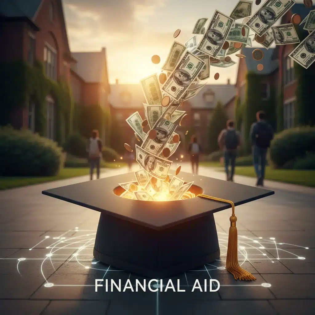 Money flowing into a graduation cap, representing financial aid for education.