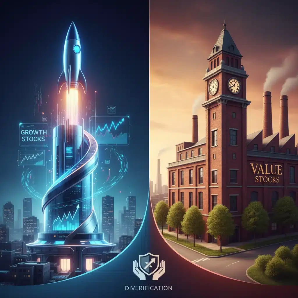 Visual comparison of growth stock (rocket) and value stock (traditional building) investment strategies.