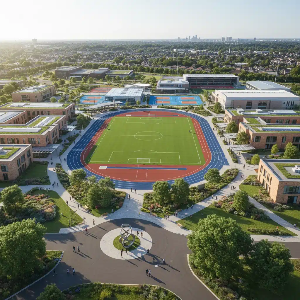 Aerial view of a renovated school campus with new facilities and green spaces.
