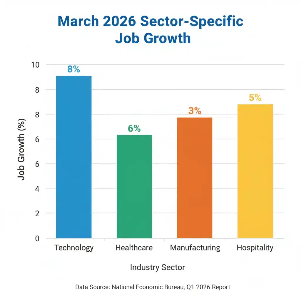Bar graph showing positive job growth across multiple US economic sectors in March 2026.
