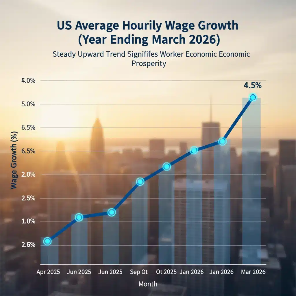 Line graph illustrating a steady increase in average hourly wage growth in the US.