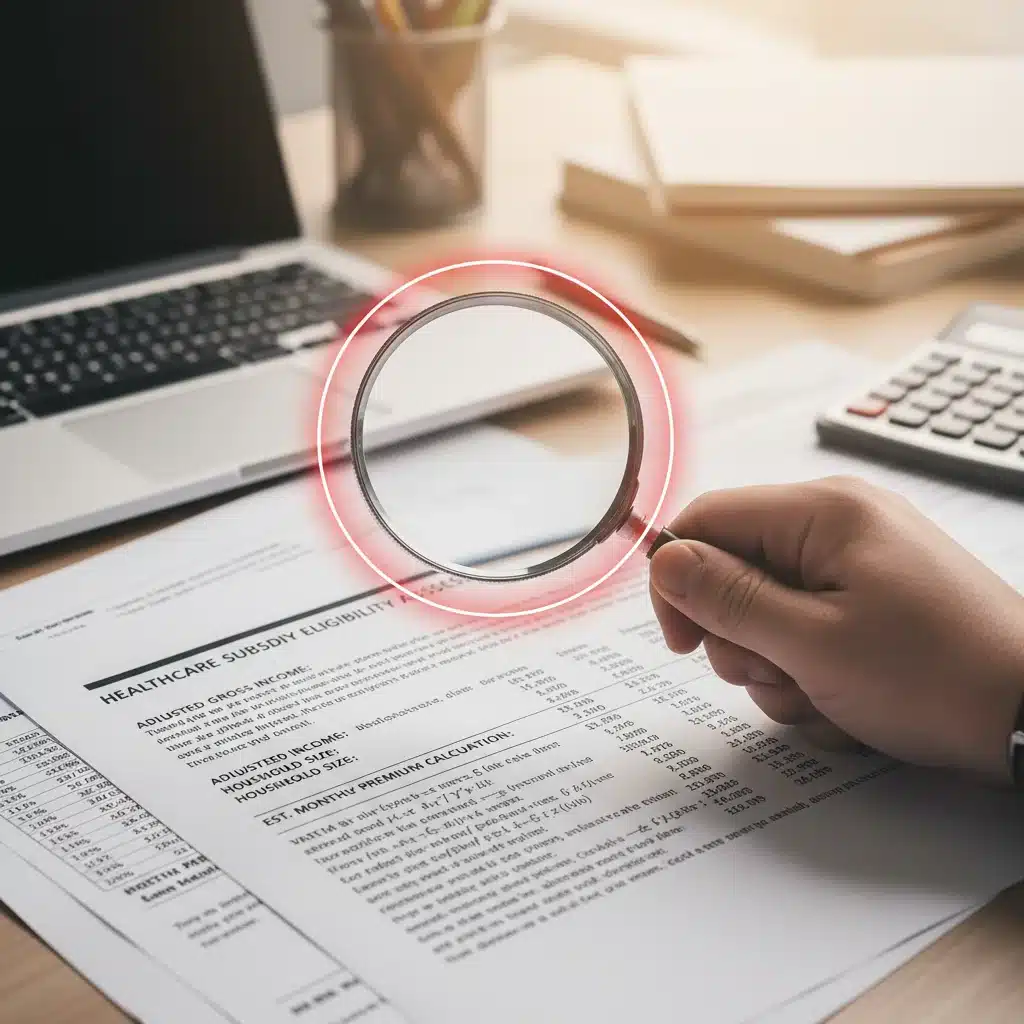 Magnifying glass examining financial documents for ACA subsidy eligibility and income verification.