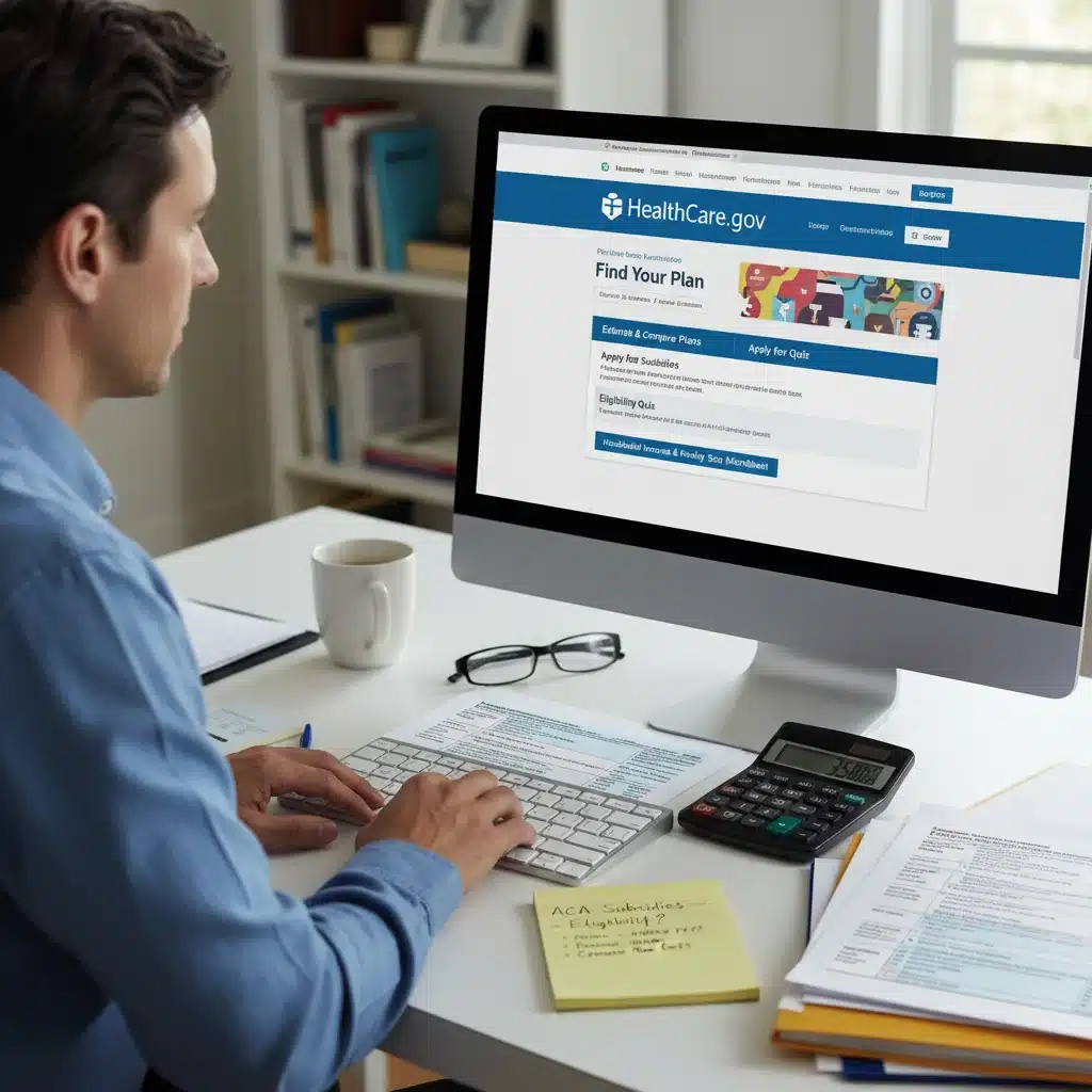 Individual applying for ACA health insurance subsidies online, reviewing eligibility.