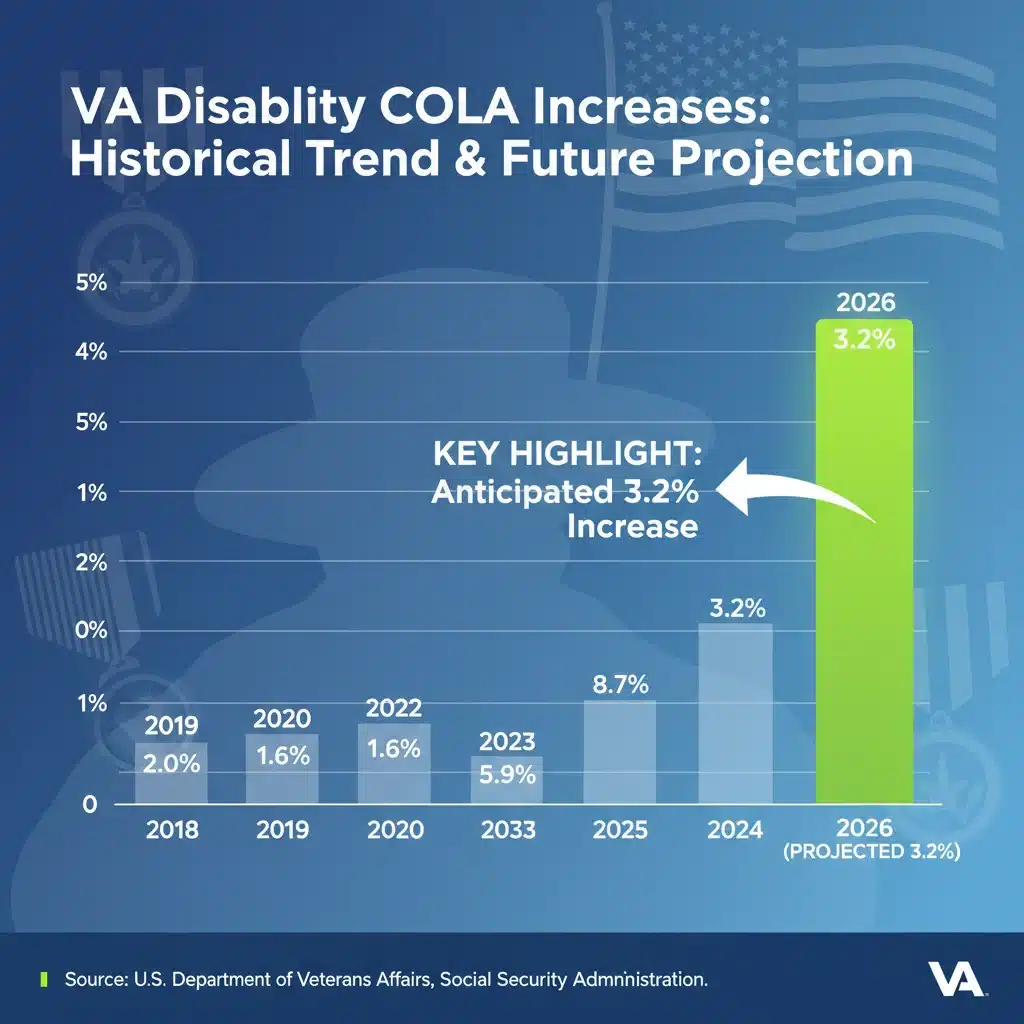 Infographic showing historical COLA increases and 2026 VA disability rate projection
